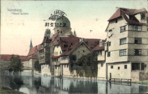Postcard Nuremberg in Middle Franconia Bavaria, Schütt Island, river section, synagogue