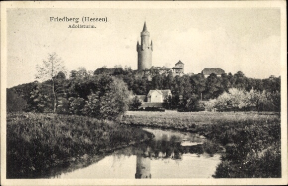 Picture Friedberg in Hesse, Adolfsturm, river in the foreground, landscape