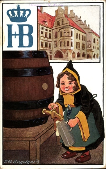 Artist Postcard Engelhard, PO, Munich Hofbräuhaus, HB Hofbräu advertising, Kindl, beer barrel, stein