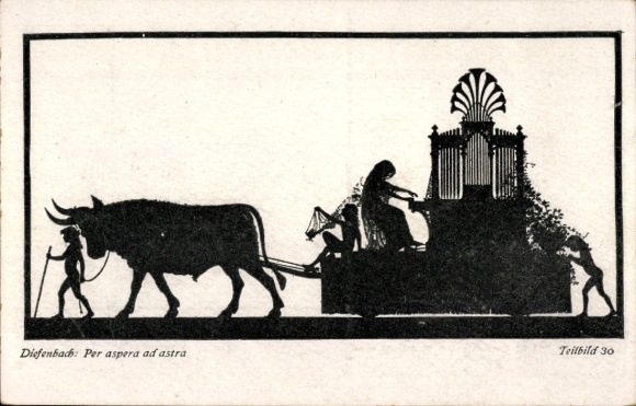 Paper cutting artist Postcard Diefenbach, Per aspera ad astra, procession, organ, bull, partial image 30