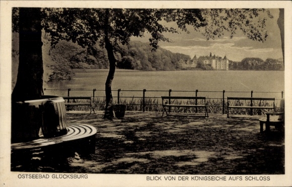 Postcard Glücksburg on the Baltic Sea, Baltic Sea resort view from the Royal Oak to the castle
