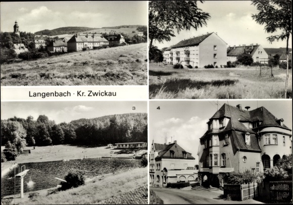 Postcard Langenbach Langenweißbach Erzgebirge, general view, AWG settlement, municipal council, forest pool