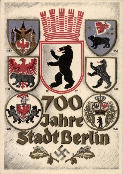 Coat of arms Postcard Berlin, 700th anniversary, city coat of arms since 1253 to 1937, Berlin bear