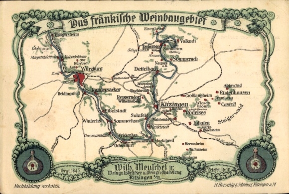 Maps Postcard Kitzingen, The Franconian wine-growing region, Winery Wilh. Meuschel, Würzburg, Dettelbach