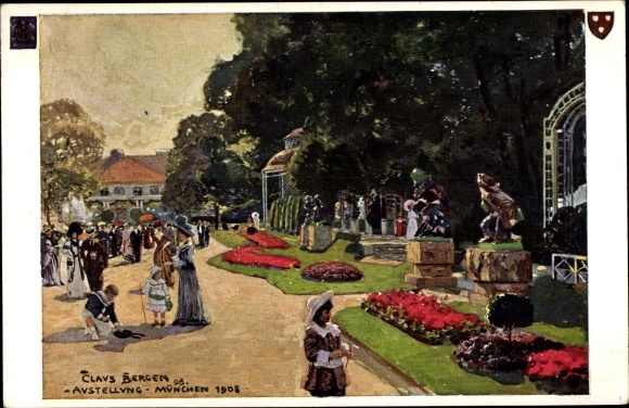 Kunstenaarsbriefkaart Bergen, Claus, München Beieren, Beierse handelsbeurs 1908