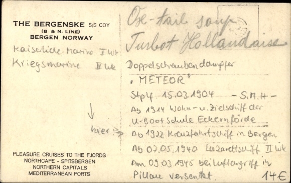 Photo Postcard German warship, twin screw steamer Meteor, cruise ship Bergen Norway