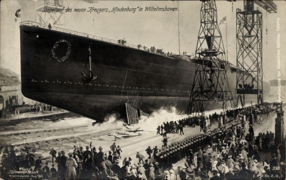 Artist Postcard Schwormstädt, Wilhelmshaven, launch of the cruiser SMS Hindenburg, Imperial Navy