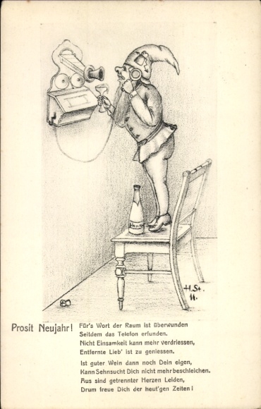 Artist Postcard Prosit New Year, dwarf on the telephone, champagne bottle, chair