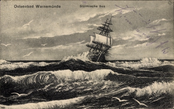 Postcard Ostseebad Warnemünde Rostock, ship on stormy sea, waves, clouds, seagulls