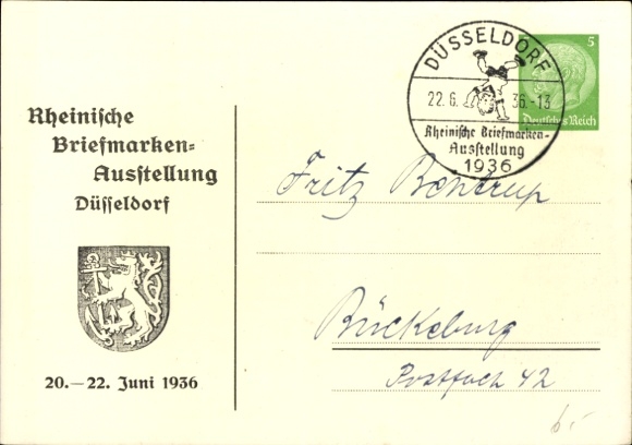 Artysta papeterii pocztowej KP Peters, P., Düsseldorf am Rhein, wystawa znaczków czerwiec 1936, patron