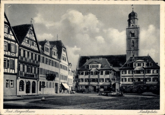 Postcard Bad Mergentheim in Tauberfranken, city view, market square, buildings, clock tower