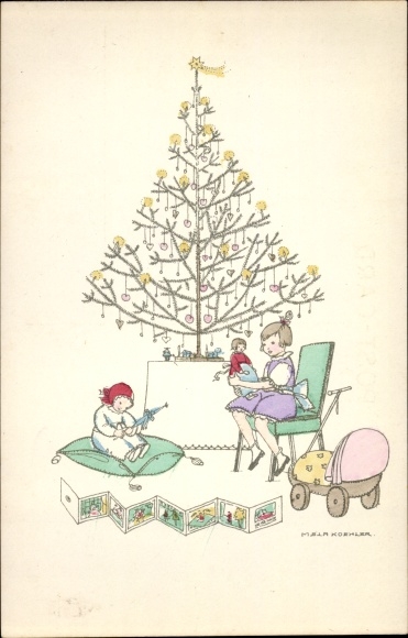 Artist PC Köhler, Mela, congratulations Christmas, children with dolls, Christmas tree, picture book