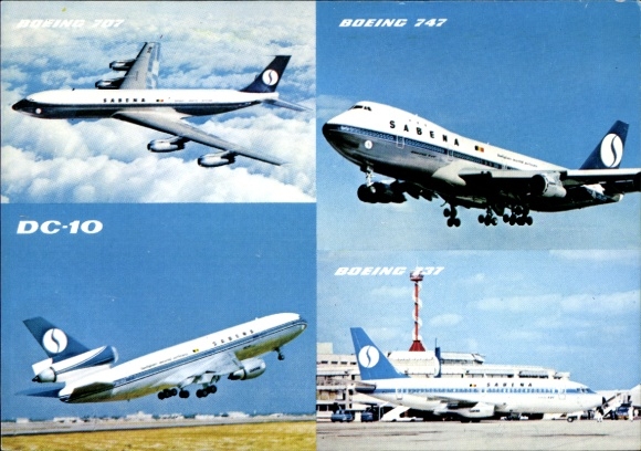 Postcard Douglas DC 10, Boeing 747, Boeing 737, passenger aircraft, Belgian airline Sabena