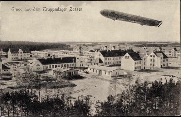 Postcard Zossen in Brandenburg, military camp, airship, zeppelin, military training area