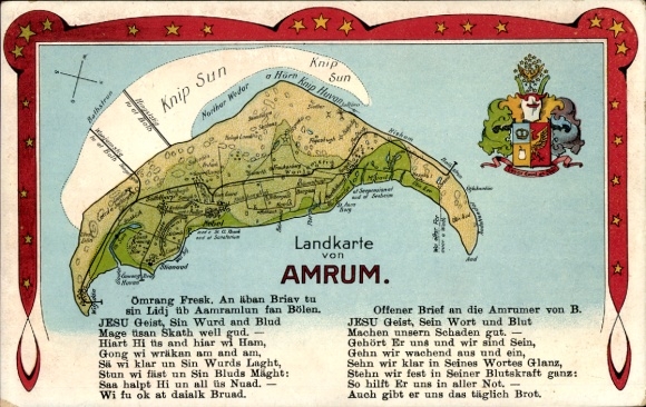 Maps Postcard Island Amrum in North Frisia, Coat of Arms, Knip Sun, Fog