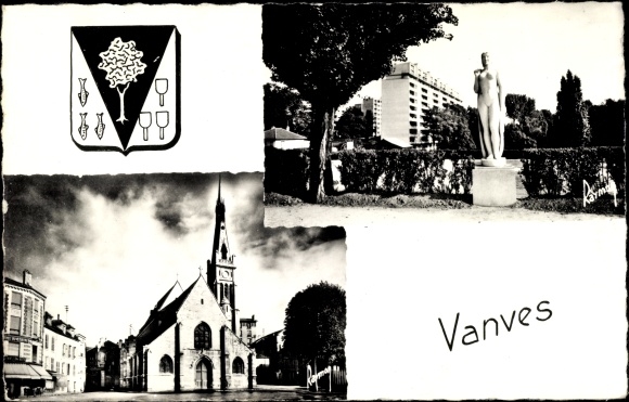Postcard Vanves Hauts de Seine, the stadium, the Church, Coat of Arms