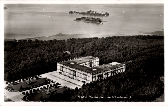 Postcard Herrenchiemsee Herreninsel Chiemsee Upper Bavaria, aerial photograph, castle