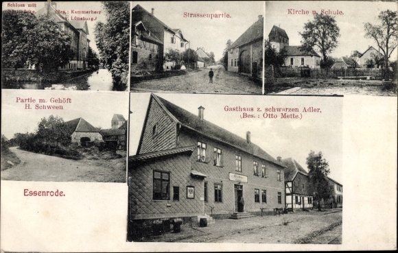 Postcard Essenrode apprenticeship in Lower Saxony, Black Eagle Inn, school, castle, homestead