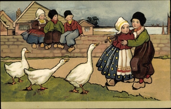 Künstler Ak Parkinson, Ethel, Kinder in niederländischer Tracht, Gänse