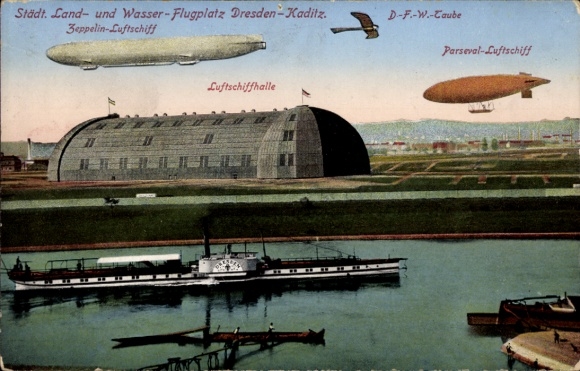 Postcard Dresden Kaditz, Städt. Land, Seaplane Base, Zeppelin, Parseval, Taube, Elbe Steamer