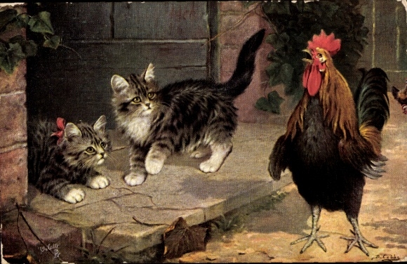 Artist Postcard two cats and a rooster