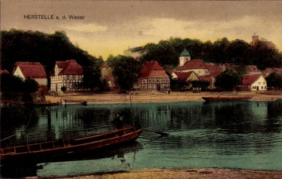 Postcard Herstelle Beverungen on the Weser, boat, castle