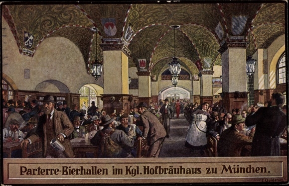 Artist Postcard Quidenus, Fritz, Munich Bavaria, Hofbräuhaus, parterre beer halls