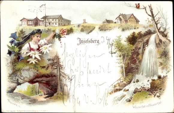 Vorläufer Litho Brotterode Trusetal in Thüringen, Inselsberg, Frau in Tracht, Torstein, Wasserfall