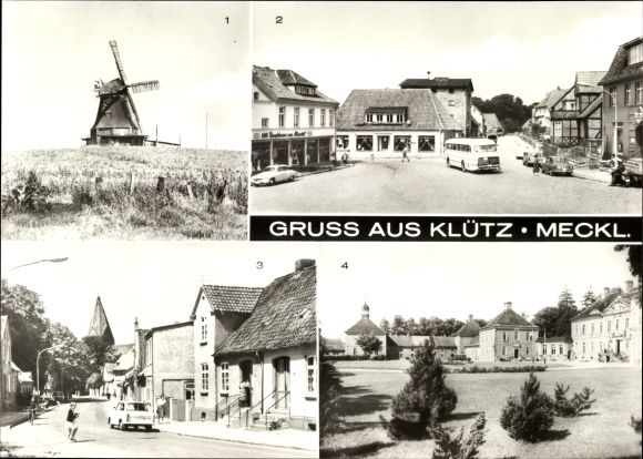 Postcard Klütz in Mecklenburg, windmill, market square, Wismarsche Straße, after-work home