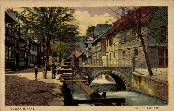 Ak Goslar am Harz, Goslar A. Harz, An der Abzucht, Brücke, Häuser, Bäume, Straße