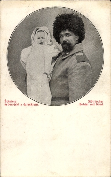 Passepartout Ak Sibirischer Soldat mit Kind, Portrait