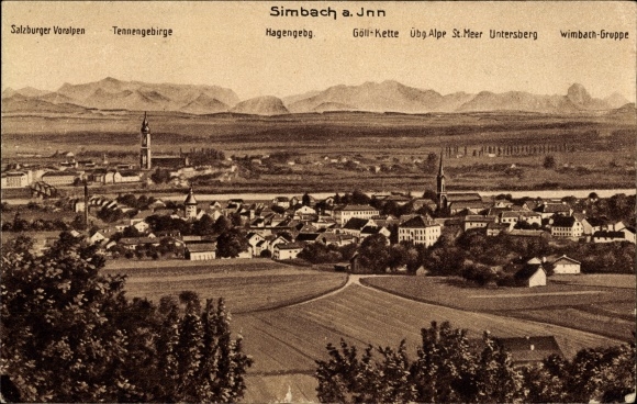 Postcard Simbach am Inn Lower Bavaria, view of the town, mountains, Wimbach Group, Salzburg Prealps