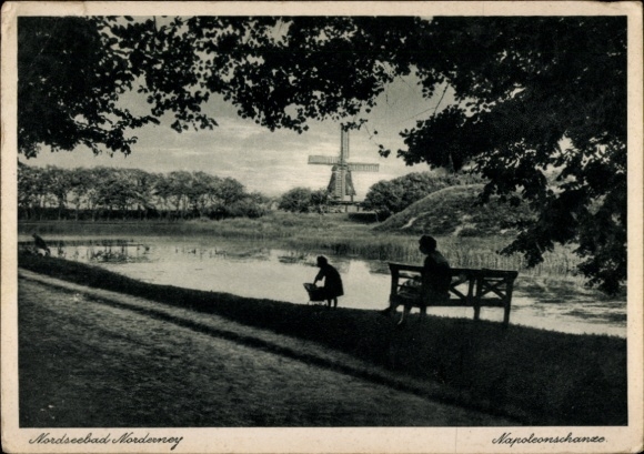Postcard North Sea resort Norderney East Frisia, Napoleonschanze, windmill
