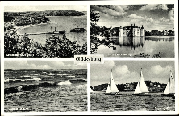 Postcard Glücksburg on the Baltic Sea, castle, sailing regatta, surf