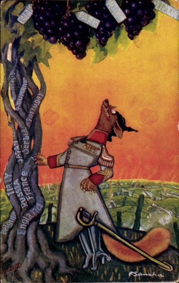 Künstler Ak Fabel, Fuchs und die Trauen, Fuchs in Uniform, Baum, England, Frankreich