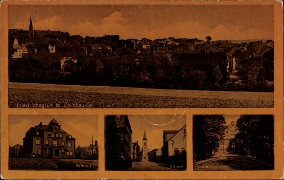 Postcard Friedrichsgrün Reinsdorf in Saxony, town hall, church, school