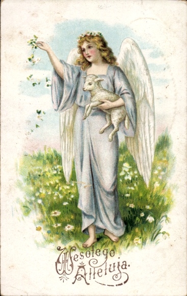 Präge Ak Glückwunsch Ostern, Engel, Lamm, Wiese