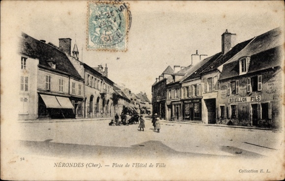PC Nérondes Cher, street with houses, people, shops, postmark, E. L collection