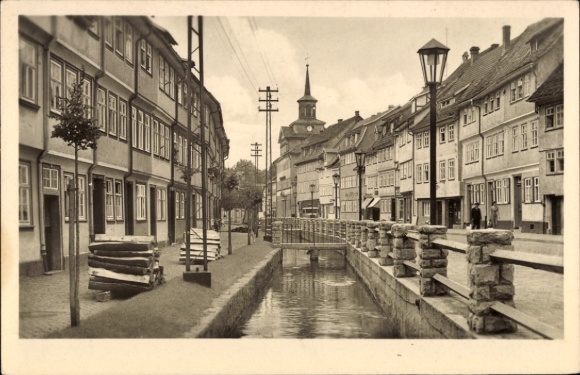 Postcard Schmalkalden in the Thuringian Forest, view of street, canal, buildings, Weidebrunner Gate, bridge