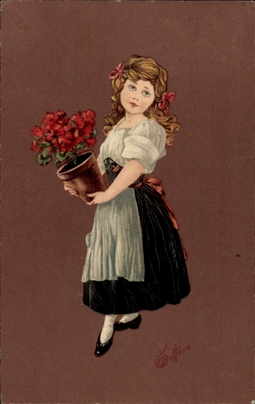 Artist Postcard Rottaro, girl with flowers, flowerpot
