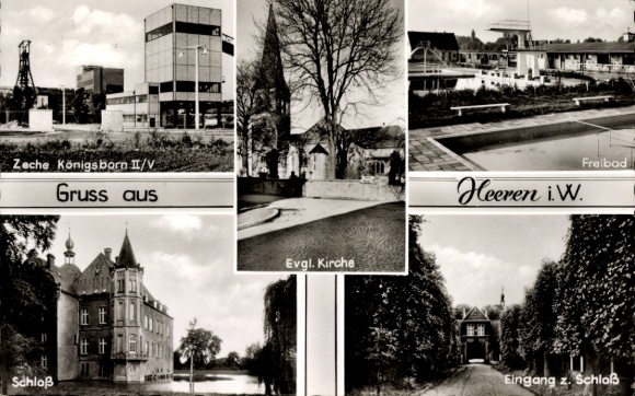Postcard Heeren Kamen in Westphalia, Königsborn mine, castle, castle entrance, outdoor swimming pool