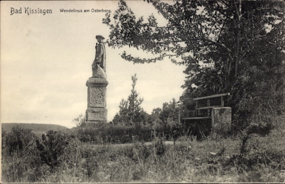 Postcard Bad Kissingen Lower Franconia Bavaria, statue, Wendelinus, Osterberg, bench, nature