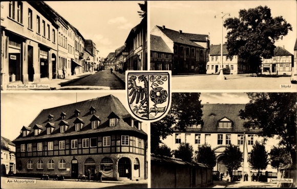 Postcard Bismark in the Altmark, Breite Straße with town hall, market, on Mozartplatz, central school, coat of arms