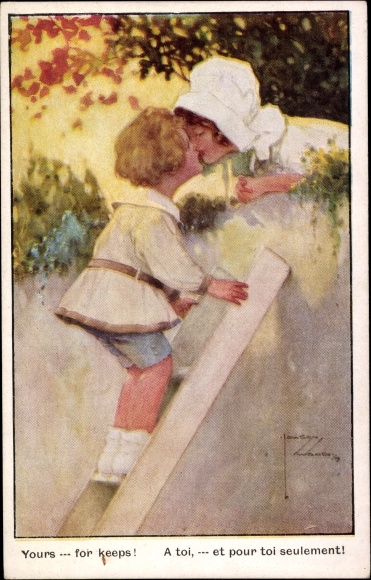 Artist Postcard Wood, L., lovers, kiss, ladder, flowers