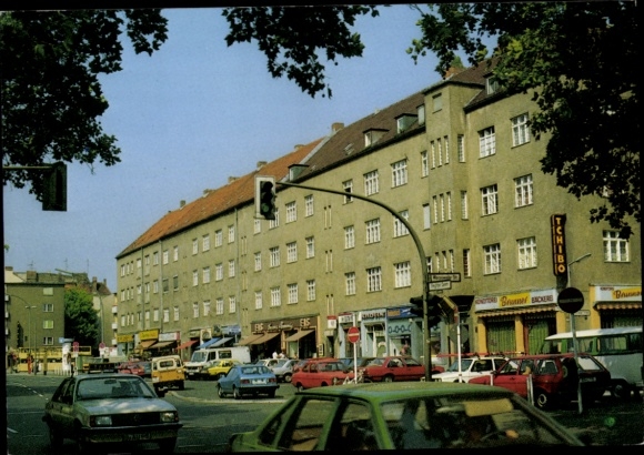 Postcard Berlin Steglitz, city view, Steglitzer Damm, shops, residential buildings, cars