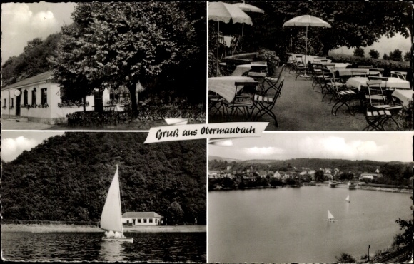 Ak Obermaubach Kreuzau in de Eifel, vier foto's: restaurant, terras, zeilboot, meer op de achtergrond...