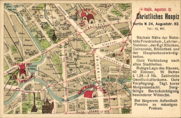 Plan miasta KP Berlin Mitte, Hospicjum Chrześcijańskie, Auguststraße 82, Stacja Friedrichstraße, Stacja Stettiner