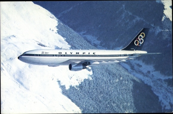 Postcard Greek passenger plane, Airbus A300, Olympic Airways