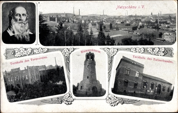 PC Netzschkau in the Vogtland, long shot, Bismarchturm, gymnasium d. Gymnastics club, portrait