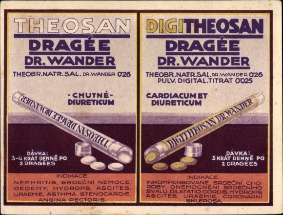 Postcard Praha Prag, Reklame, Theosan Dragee, Digitheosan, Dr. Wander, Soukenicka 23